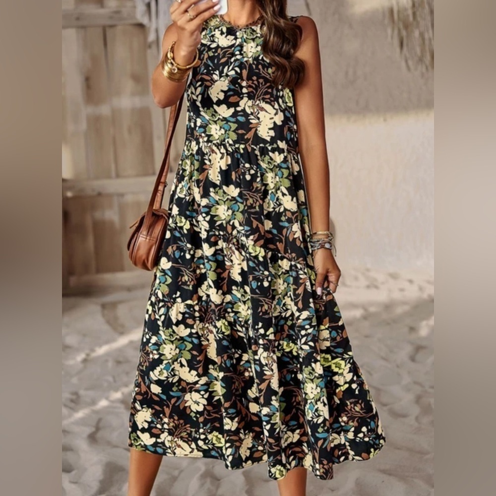 NEW Black Brown Green & Turquoise Floral Sleeveless Midi Dress Size Small